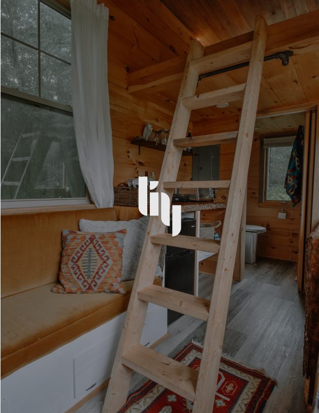 Tiny house interior with the symbol in white