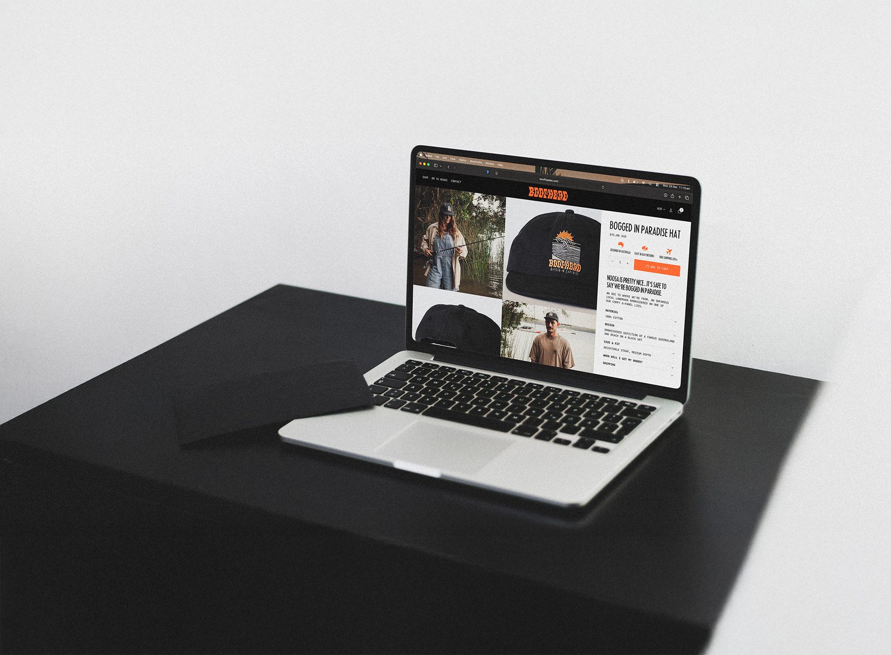 Bogged in Paradise hat product page on a laptop