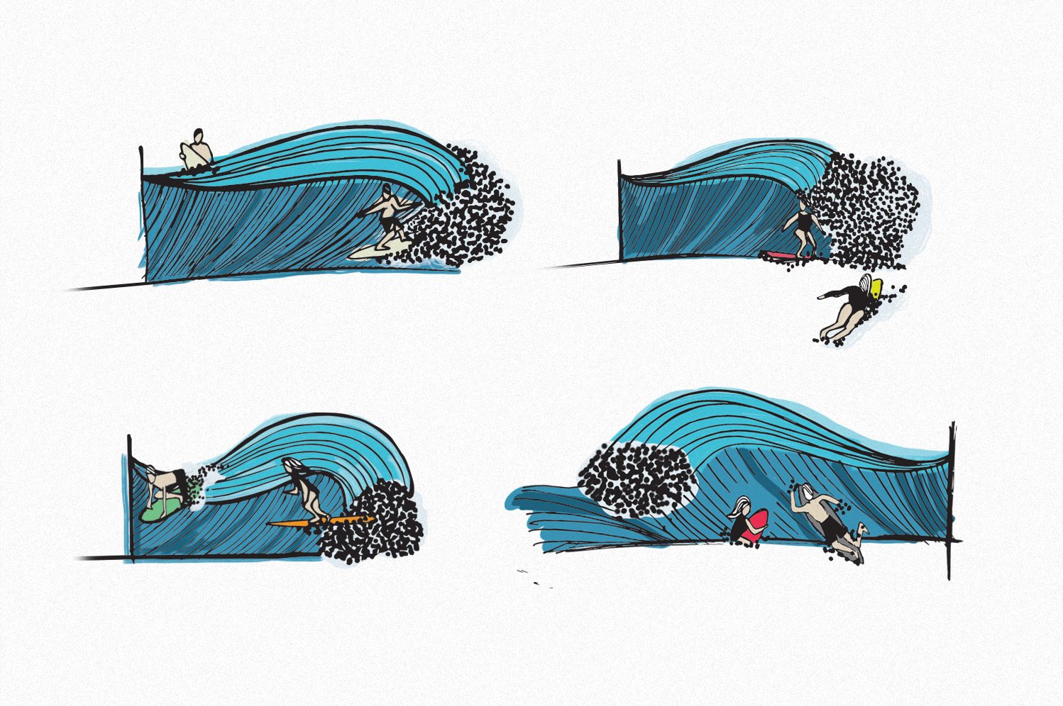 Hand-drawn surf etiquette wave illustrations
