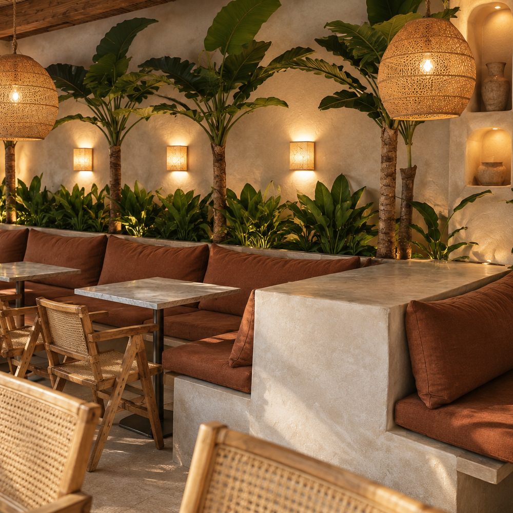 Ten Hastings interior with banquette seating and rattan chairs