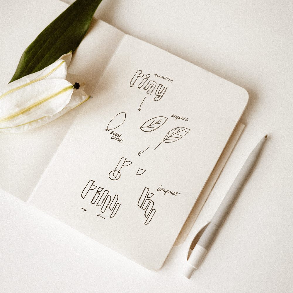 Logo sketches in a notebook: modern, organic, compact