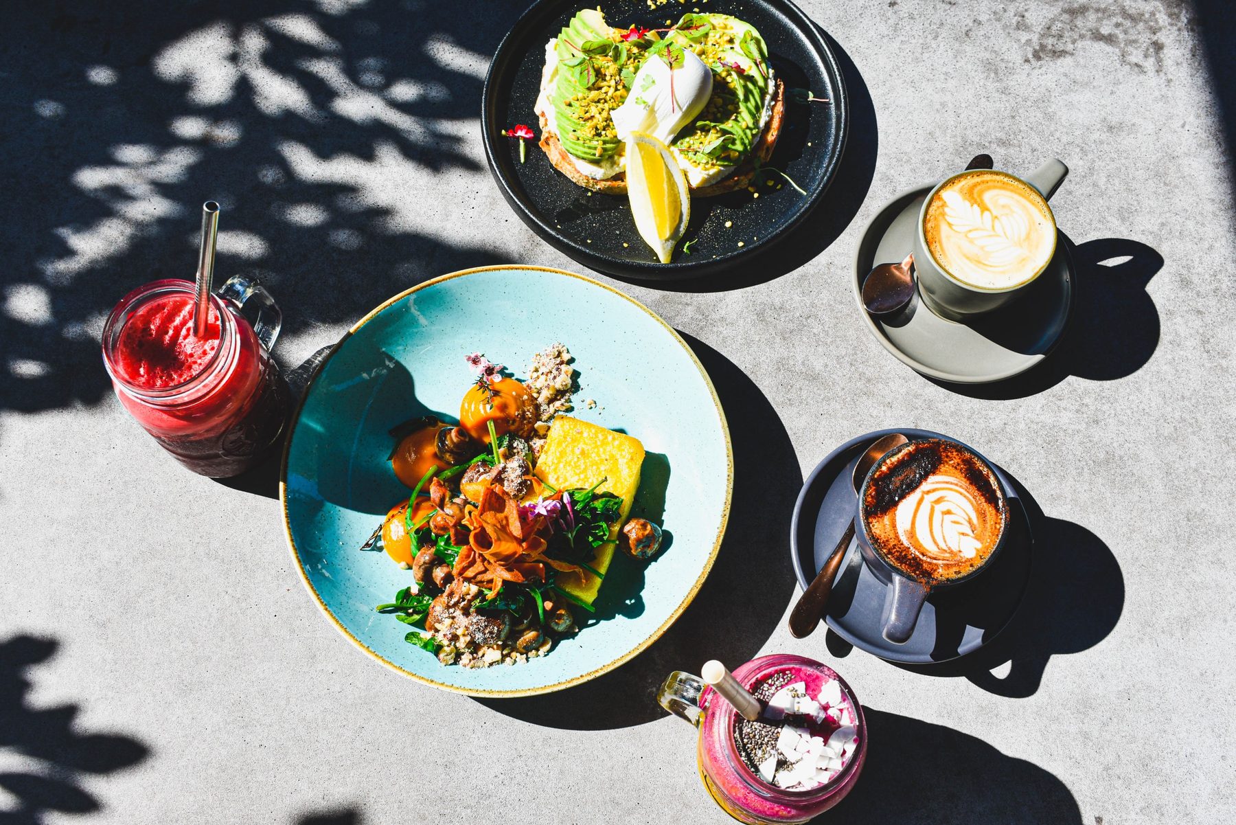 Brunch spread with coffees and smoothies