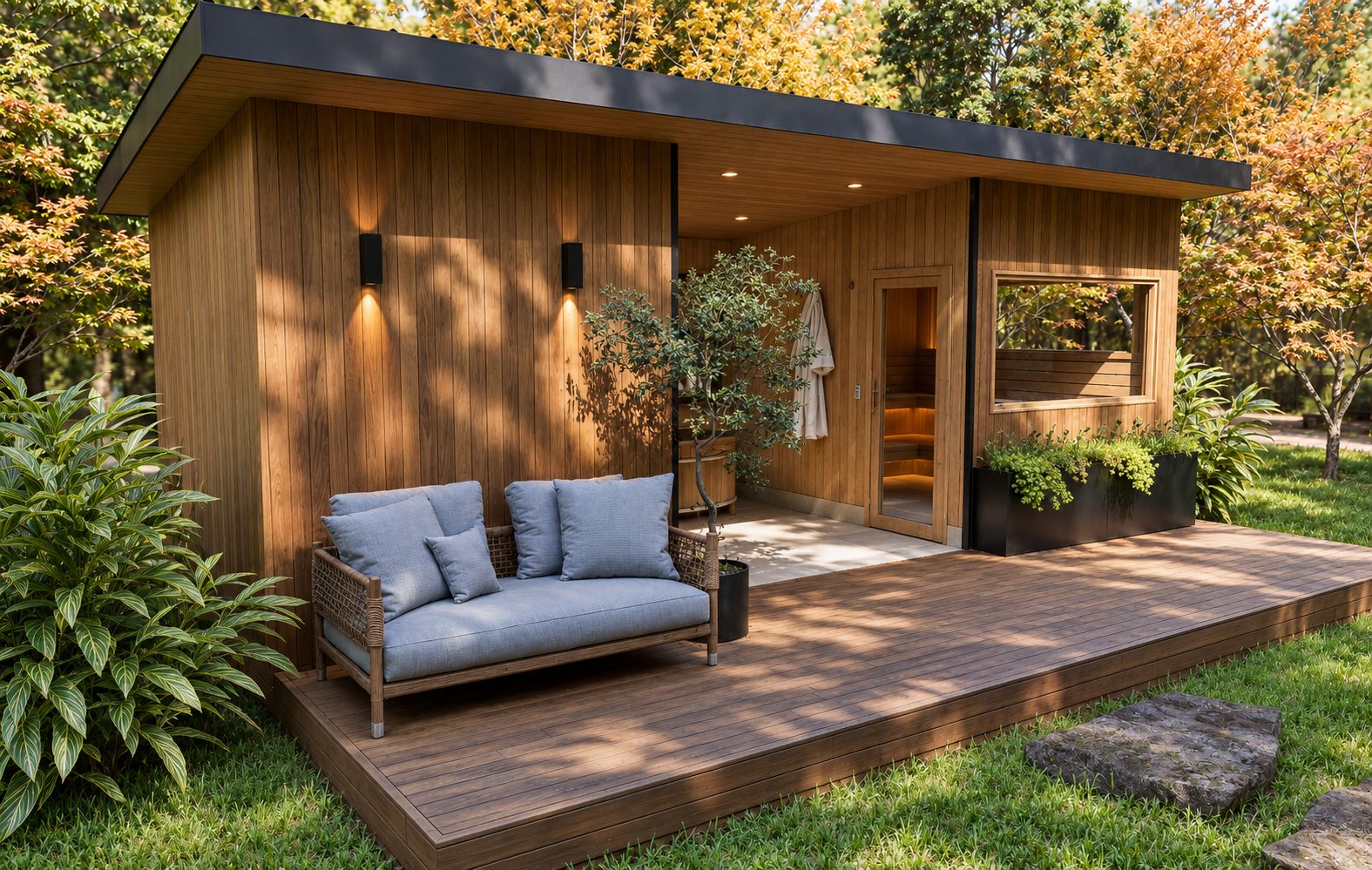 A timber-clad tiny house with a deck and lounge, set among autumn trees