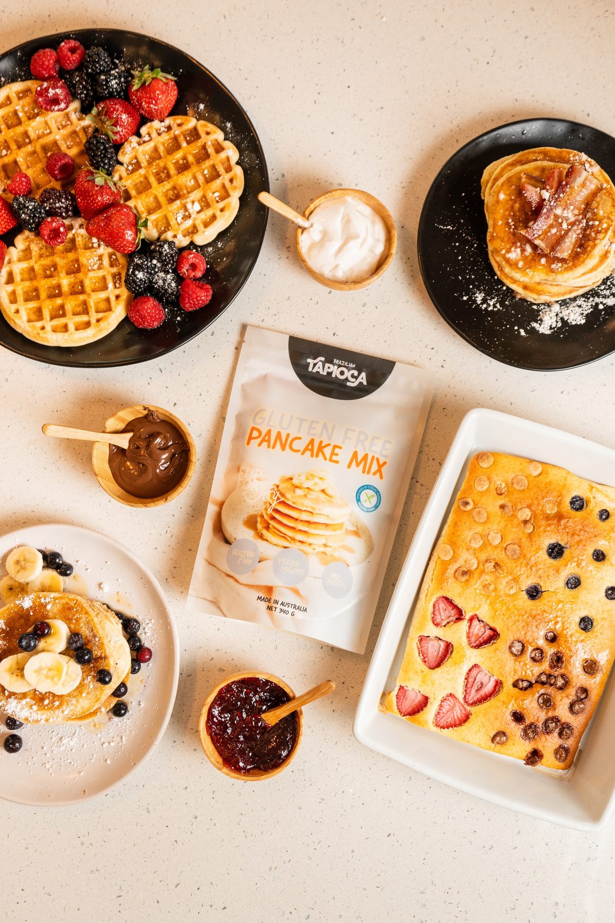 Gluten Free Pancake Mix with waffles, pancakes and a tray bake
