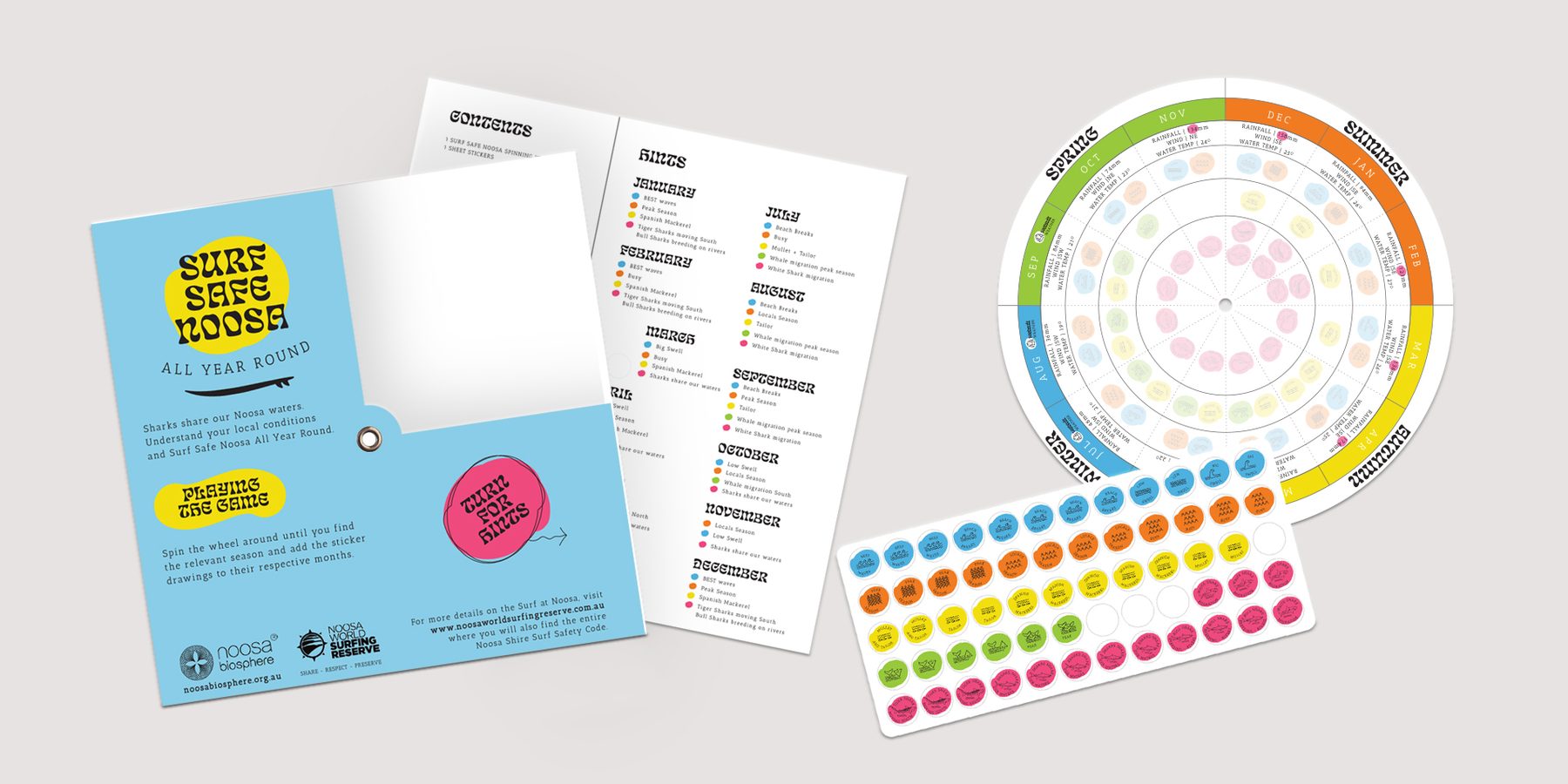 The Surf Safe Noosa kit: booklet, spinning wheel and stickers
