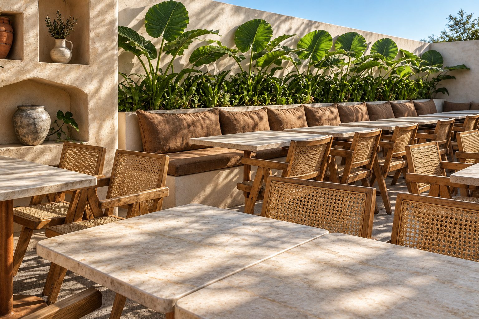 3D render of the sunlit outdoor seating at Ten Hastings