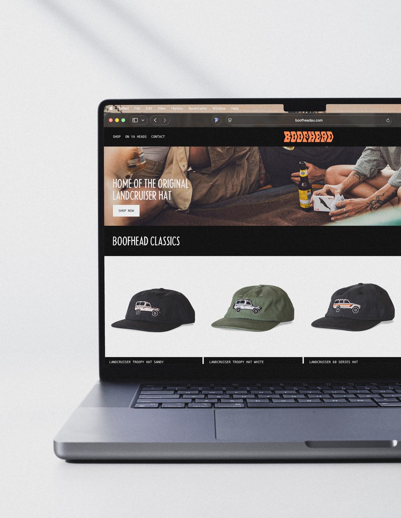 Boofhead online store homepage on a laptop