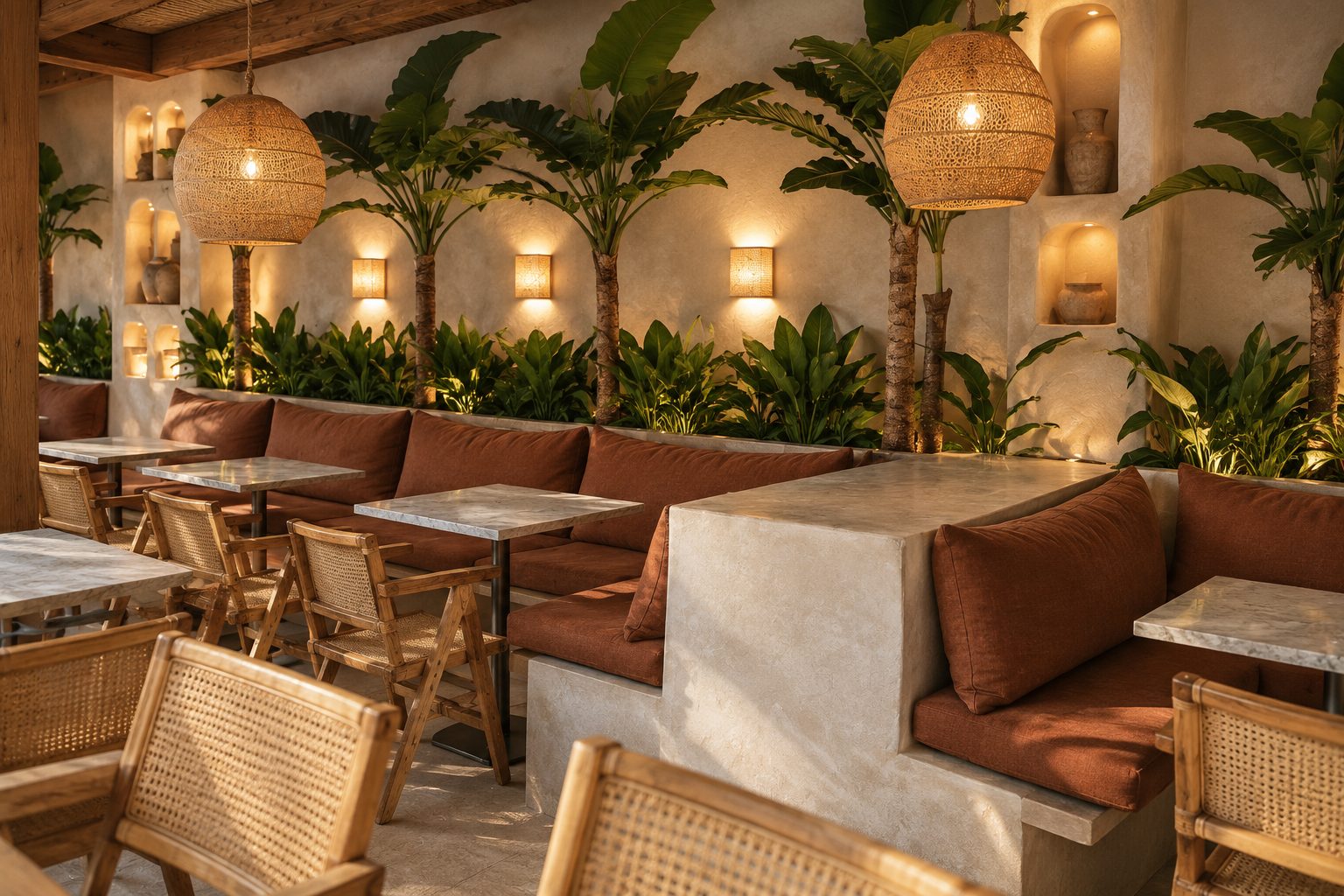 3D render of the Ten Hastings lounge banquette at golden hour