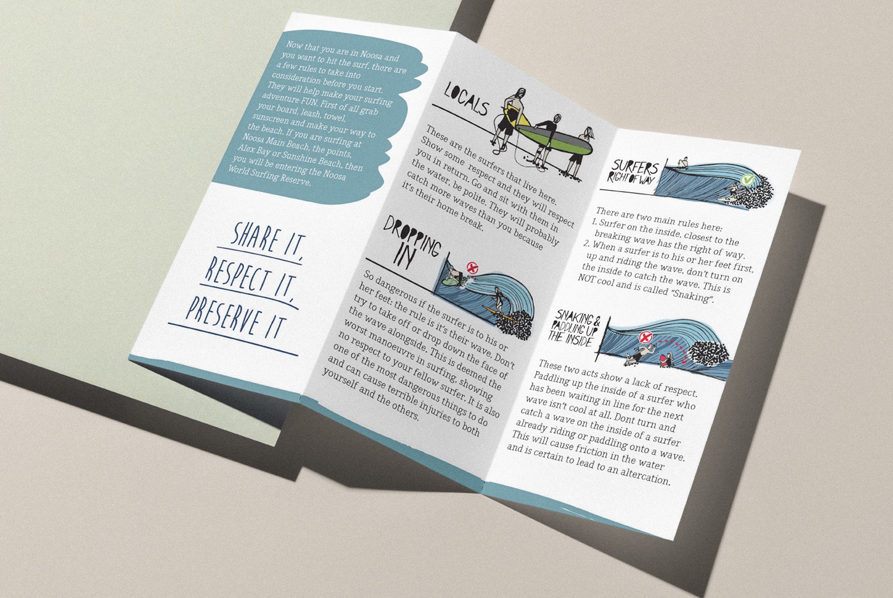 The open Surf Code brochure with illustrated surf etiquette rules
